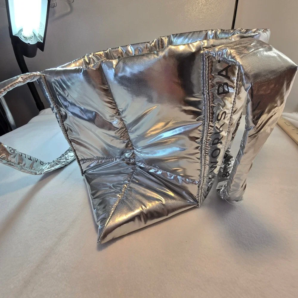 New Bath & Body Works Silver  Puffer Tote Bag 2024 Puffy Metallic Christmas Gift